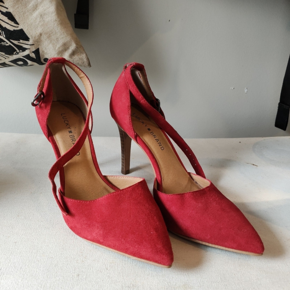 Lucky Brand Tukko D'Orsay Pumps Heels Red Suede Leather Ankle Strap